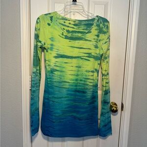 Hard Tail Forever Long Skinny Tunic Tee Blue/Green Tie Dye size Small
